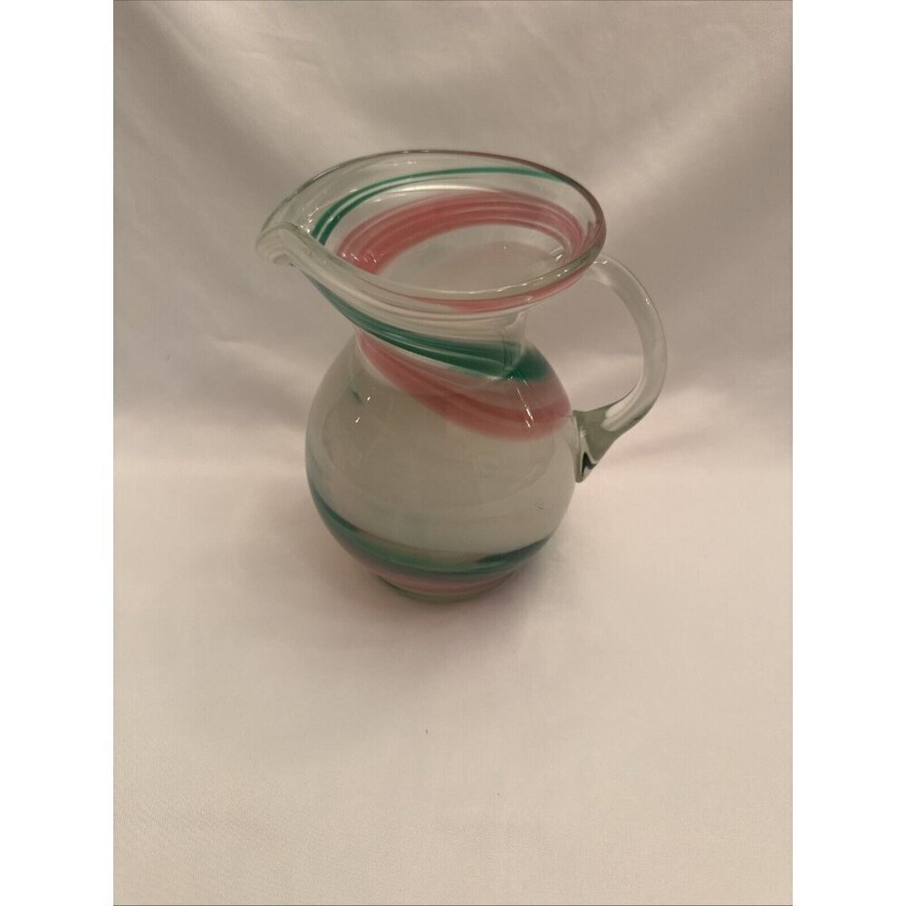 Hand Blown Art Glass Pitcher Pink And White Swirl With Handle 7” Tall